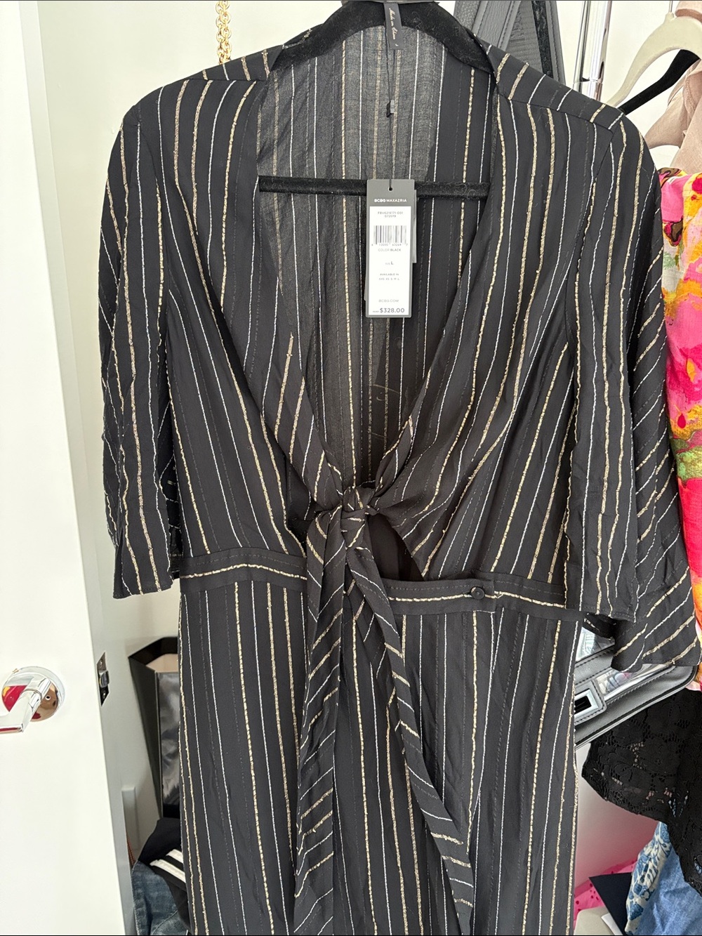 BCBGMaxAzria Black Maxi Dress with Gold Stripe Detail